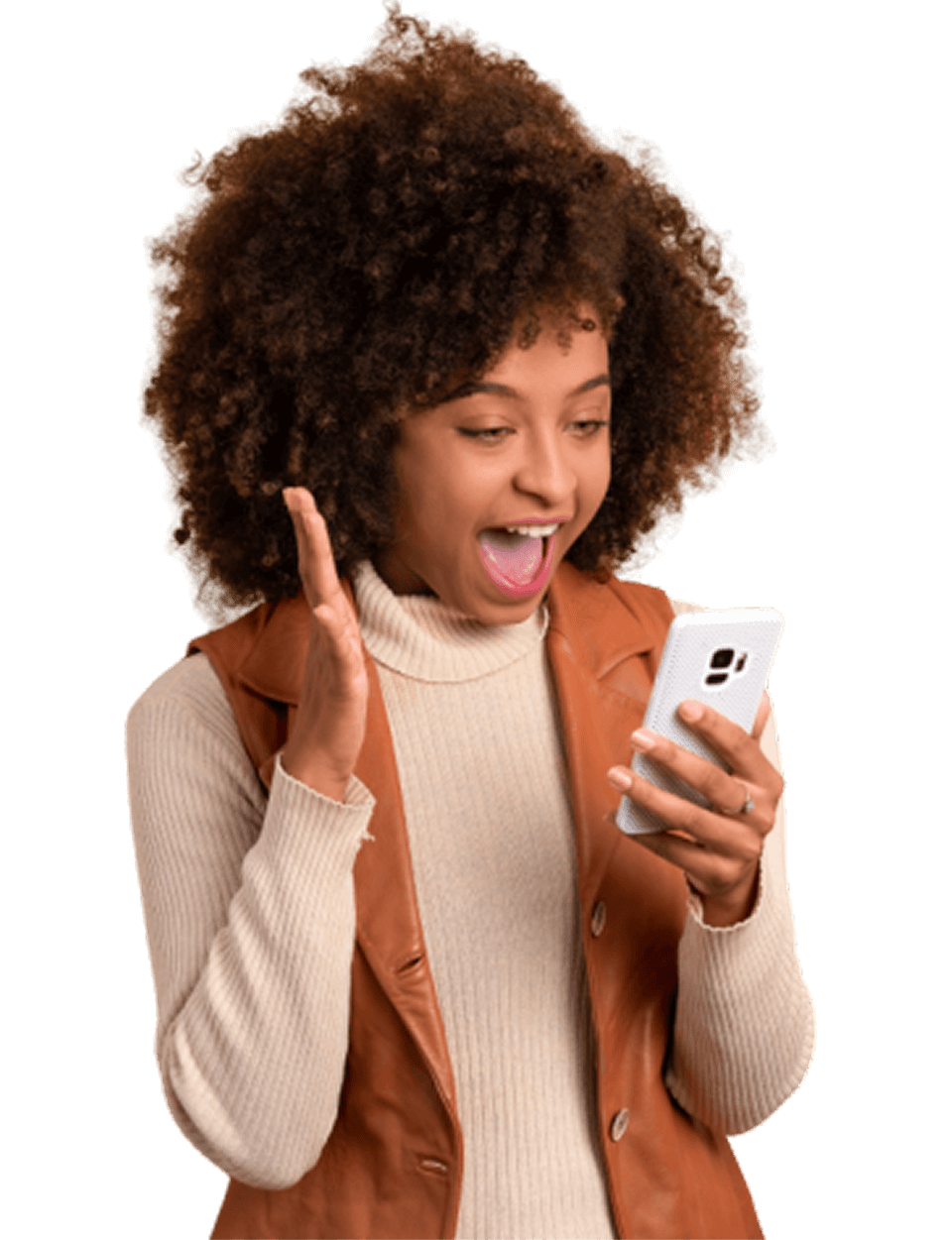 Excited woman looking at her phone